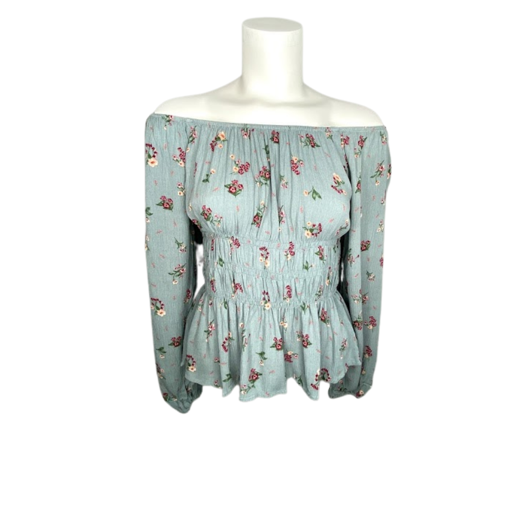 Juniors Hippie Rose Peasant Top Boho Green Large