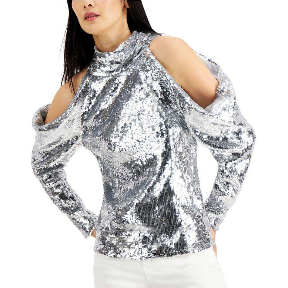 INC Cold-Shoulder Blouse XS Silver Sequins Sparkle