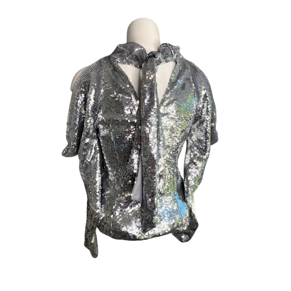 INC Cold-Shoulder Blouse XS Silver Sequins Sparkle