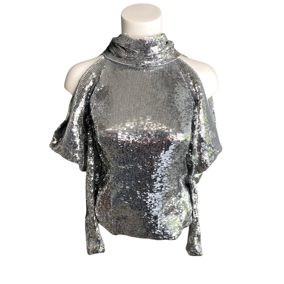 INC Cold-Shoulder Blouse XS Silver Sequins Sparkle