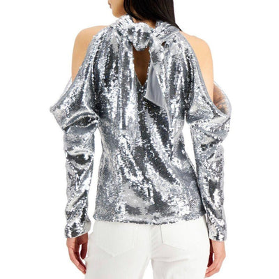 INC Cold-Shoulder Blouse XS Silver Sequins Sparkle